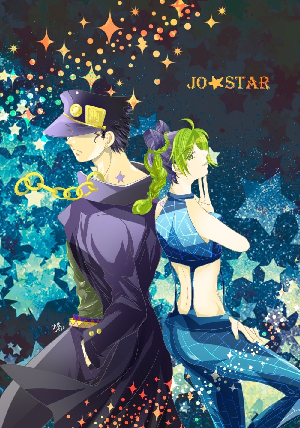 JOJO-3部承太郎+6部徐倫燙金絲絨膜明信片